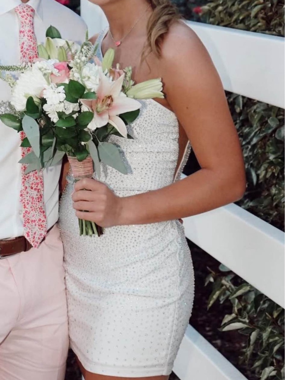 Sherri Hill White Beaded Strapless Cocktail Dress